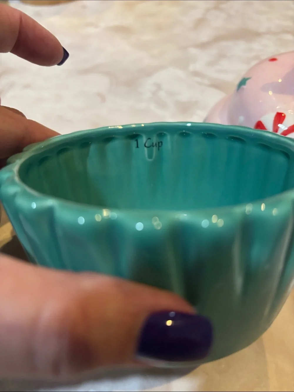 Measuring cup Pink Frosted Cupcake with Red & Teal Candy Accents